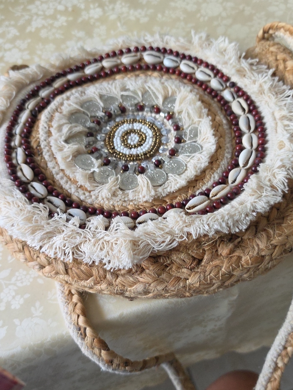 Boho Beaded Round Jute Wall Accent in Natural and Burgundy..11" X 11"